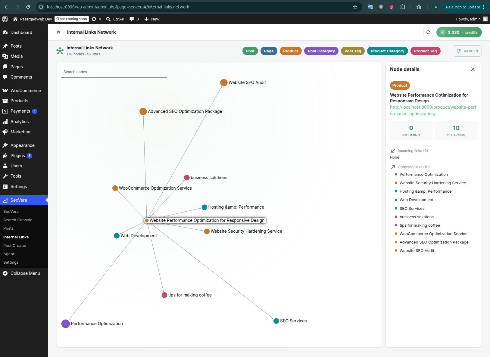 Internal links network graph showing 178 posts, pages and products connected by 52 links