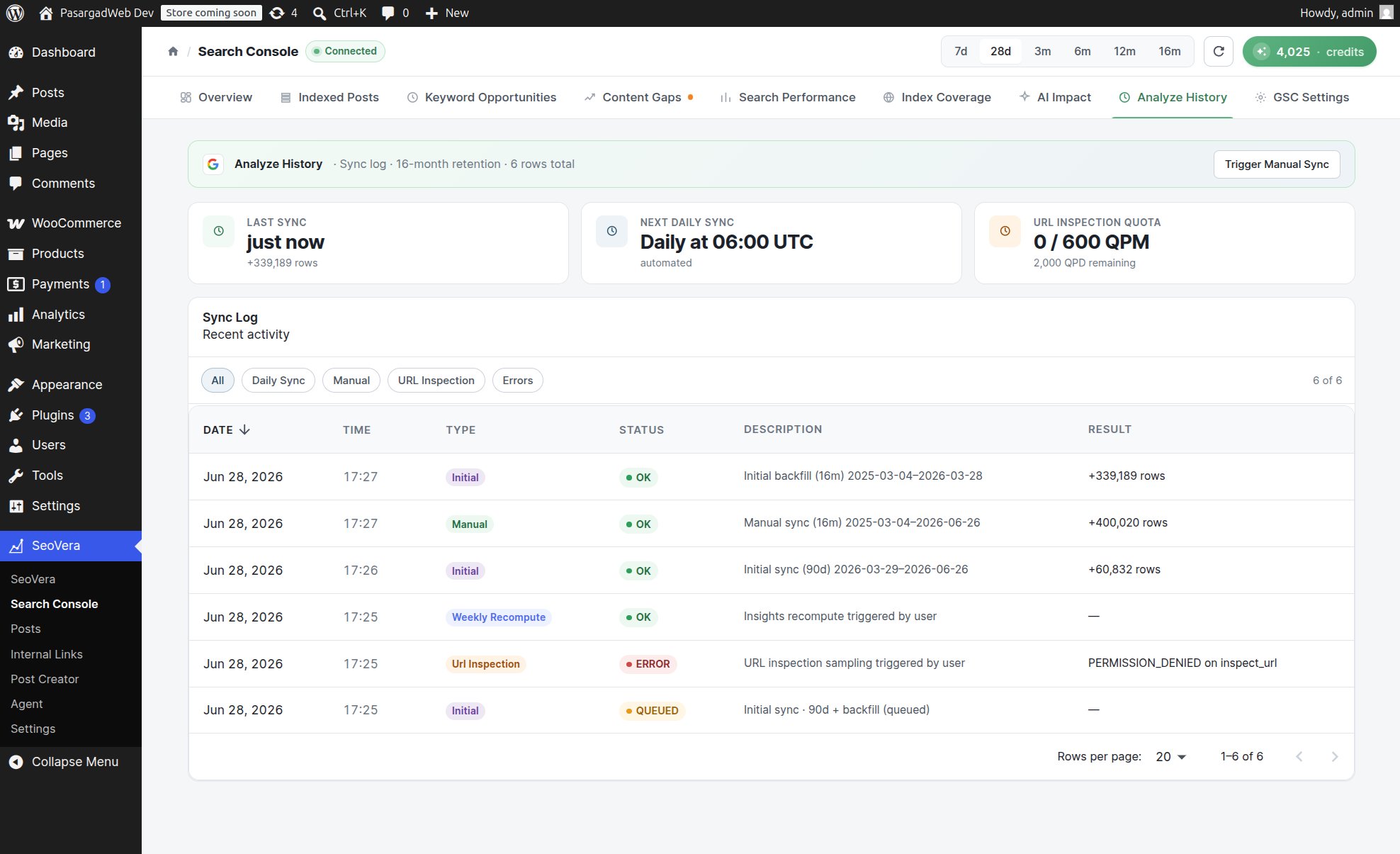 Search Console sync history log with daily automated syncs and row counts