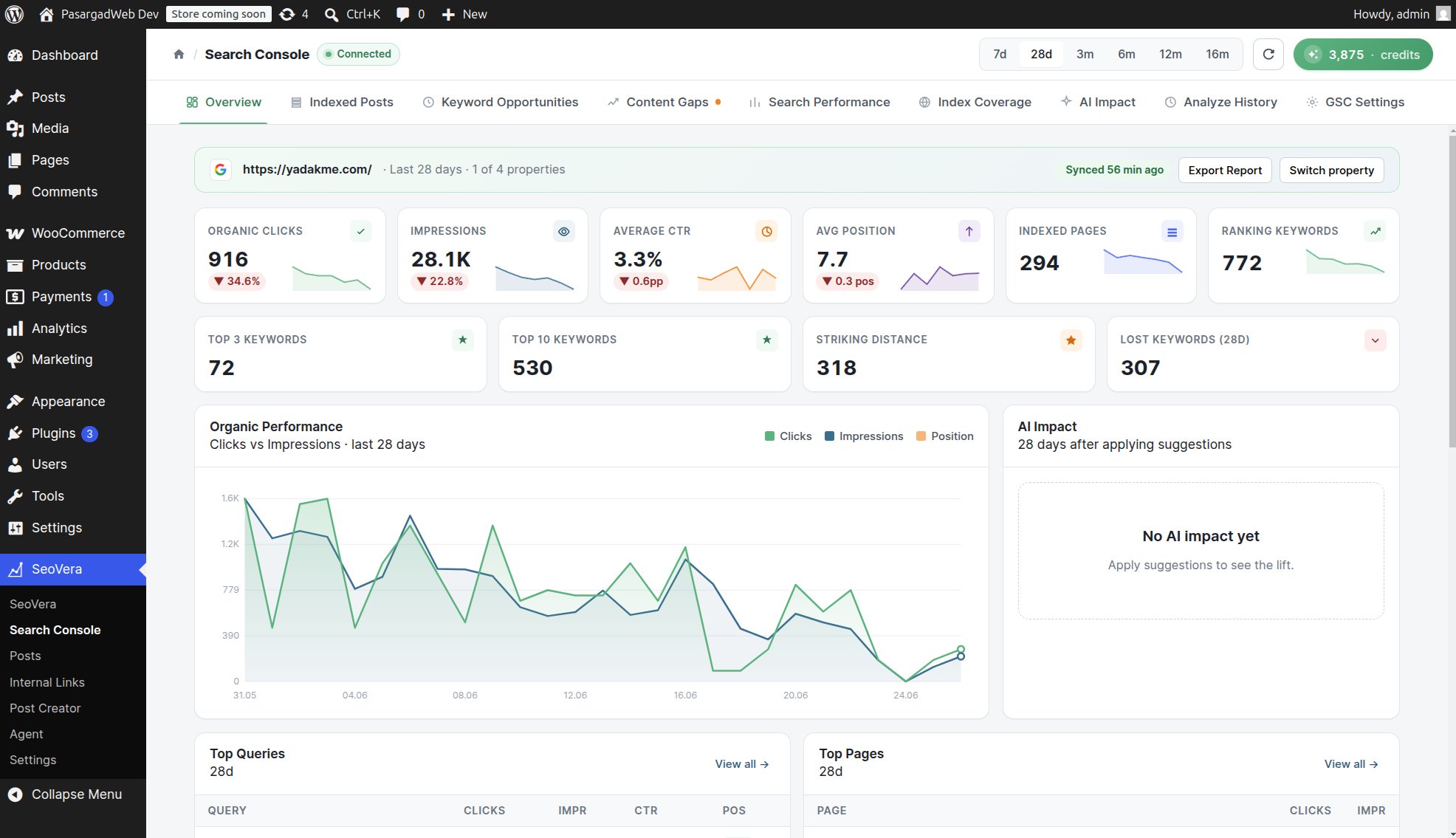 Search Console overview with organic clicks, impressions, CTR and average position