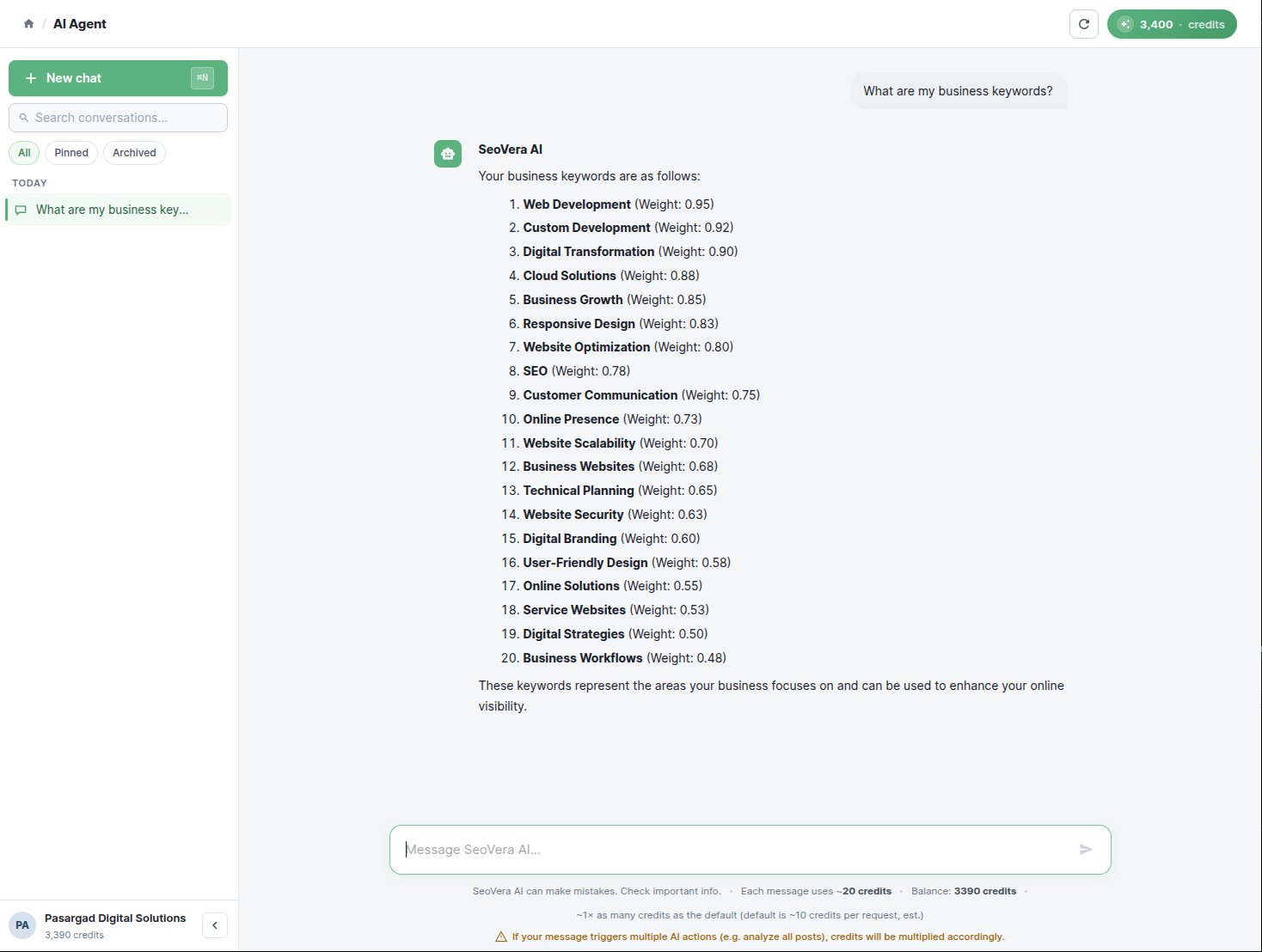 AI agent chat answering a question about the site's weighted business keywords